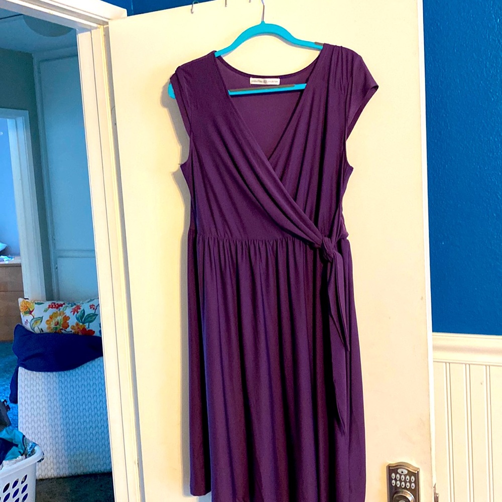 Plum fit and flare style just past the knee length dress.